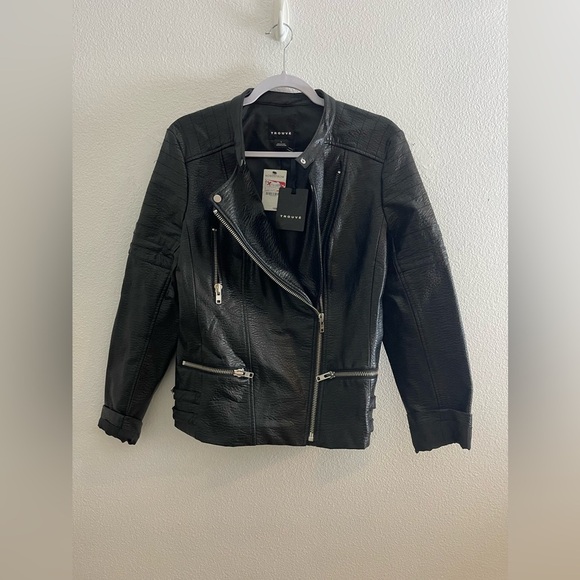 TROUVE Black Genuine Soft Faux Leather Zip Up Moto Biker Jacket  Black Pebbled - Picture 1 of 11